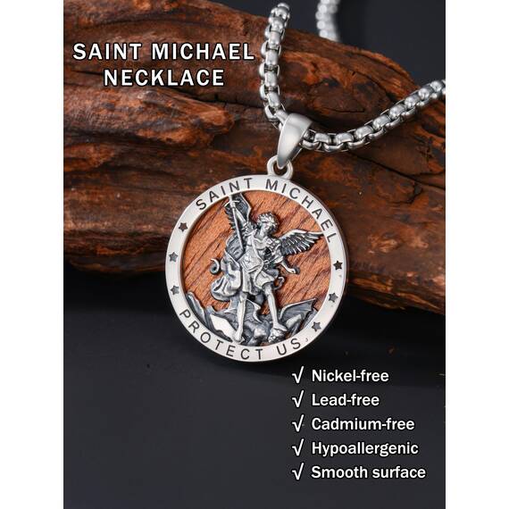 Shusukue Holz St. Michael Kette Erzengel Saint Michael Amulett Schutzpatron Halskette 925 Sterling Silber, Medaillen Gebetsmünzen Anhänger Christlicher Religiöser Schmuck für Männer