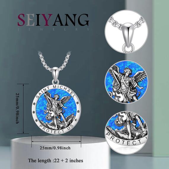 Shusukue Opal St. Michael Kette 925er Sterling Silber, Erzengel Saint Michael Amulett Schutzpatron Halskette, Medaillen Gebetsmünzen Anhänger Christlicher Religiöser Schmuck für Frauen Männer