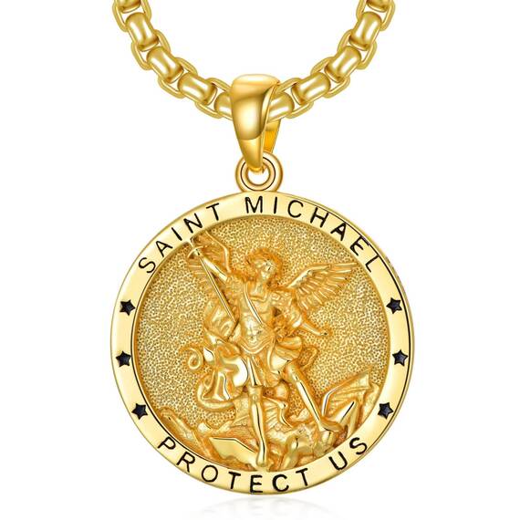 Shusukue St. Michael Kette, Erzengel Saint Michael Amulett Schutzpatron Halskette 925 Sterling Silber, Medaillen Gebetsmünzen Anhänger Christlicher Religiöser Schmuck für Frauen Männer (Gold)