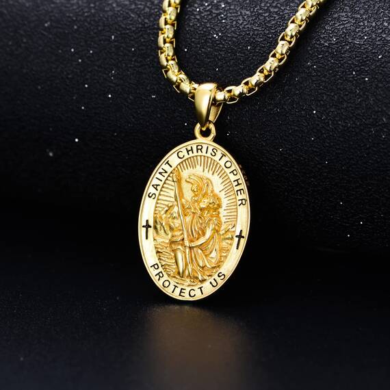 Shusukue St. Christoph Kette, Saint Christoph Amulett Schutzpatron Halskette 925 Sterling Silber, Medaillen Gebetsmünzen Anhänger Christlicher Religiöser Schmuck für Frauen Männer (Gold)