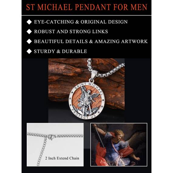 Shusukue Holz St. Michael Kette Erzengel Saint Michael Amulett Schutzpatron Halskette 925 Sterling Silber, Medaillen Gebetsmünzen Anhänger Christlicher Religiöser Schmuck für Männer