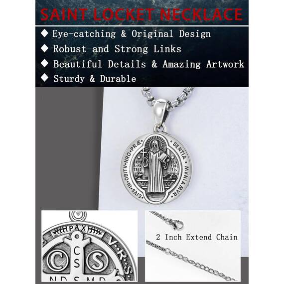Shusukue Personalisierte St. Benedikt Kette 925 Silber Heiliger Benedikt Medaille Amulett Schutzpatron Halskette Christlicher Religiöser Anhänger