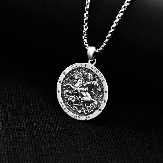 Shusukue St. George Kette 925 Sterling Silber, Saint Georg Amulett Schutzpatron Halskette, Medaillen Gebetsmünzen Anhänger Christlicher Religiöser Schmuck für Frauen Männer