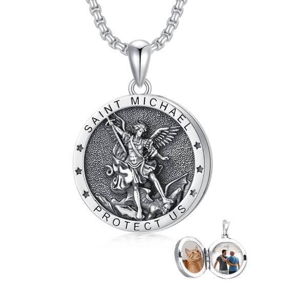 Shusukue Erzengel ST Michael Anhänger mit Foto Amulett Medallion zum öffnen 925 Silber Halsketten für Mann Herren Männer Religiöse Fotoschmuck