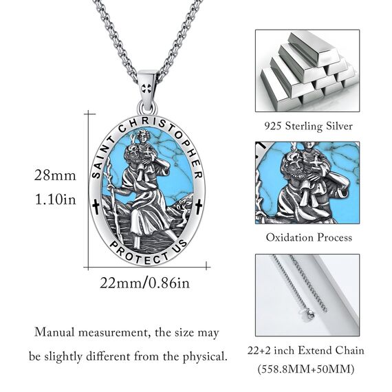 ZIPPICE Heiliger Christophorus Anhänger Silber 925 Saint Christopher Halskette St. Christopher Kette Amulett Halskette Schmuck Weihnachtsgeschenke für Herren Damen Frauen Männer (Türkis)
