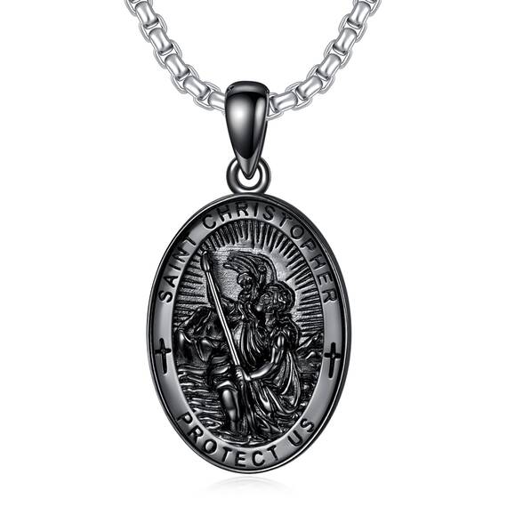 Shusukue Saint Christoph Silber 925 Amulett Halskette Anhänger Religiöse Ketten für Herren (Schwarz)