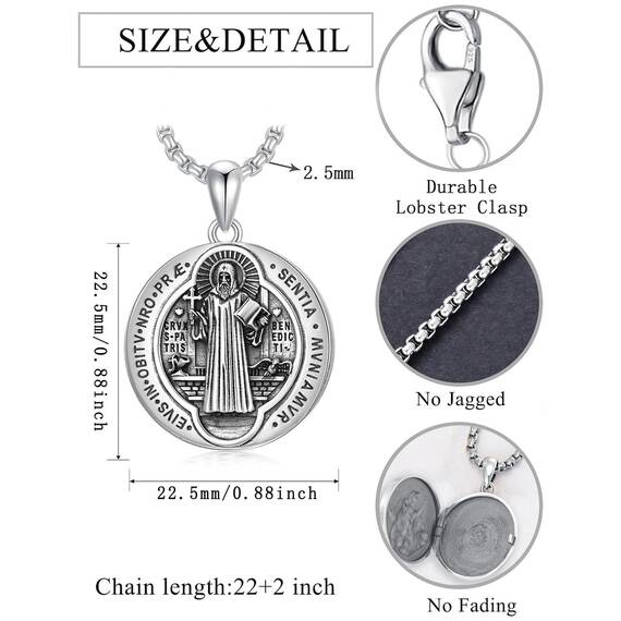 Shusukue Personalisierte St. Benedikt Kette 925 Silber Heiliger Benedikt Medaille Amulett Schutzpatron Halskette Christlicher Religiöser Anhänger