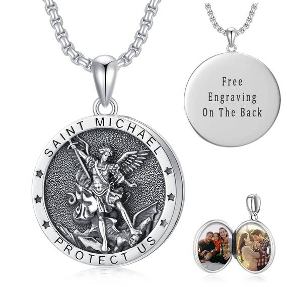 Shusukue Personalisierte Erzengel ST Michael Anhänger mit Foto Amulett Medallion zum öffnen 925 Silber Halsketten für Mann Herren Männer Religiöse Fotoschmuck