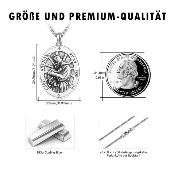 DOTBJ 925 Sterling Silber Heiliger Antonius Anhänger Kette mit Edelstahlkette 55,88cm + 5cm