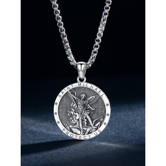 Shusukue Saint Michael Kette 925 Sterling Silber Erzengel Saint Michael Amulett Schutzpatron Halskette Medaillen Gebetsmünzen Anhänger Christlicher Religiöser Schmuck für Frauen Männer