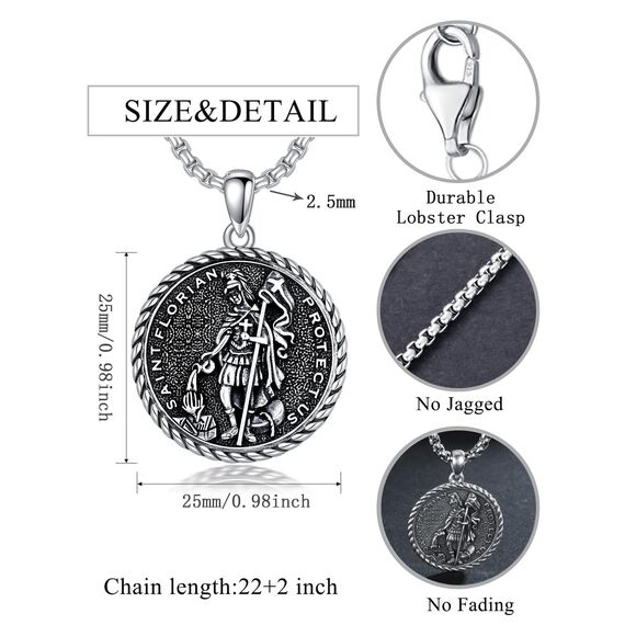 Shusukue Sankt Florian Halskette für Feuerwehrleute, 925 Sterlingsilber, Anhänger mit St.-Florian-Medaille, Beschützer-Medaillon,St.-Florian-Amulett, Geschenk für Männer, Feuerwehrleute, Sohn, Vater