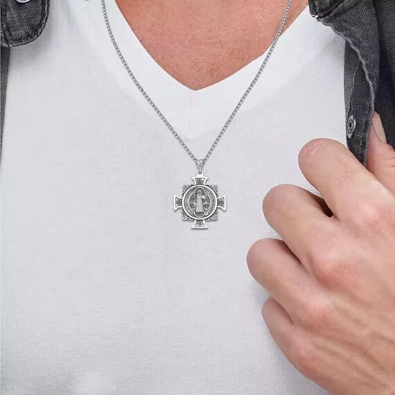 DOTBJ 925 Sterling Silber St Benedikt Kreuz Anhänger Kette mit Edelstahlkette 55,88cm + 5cm