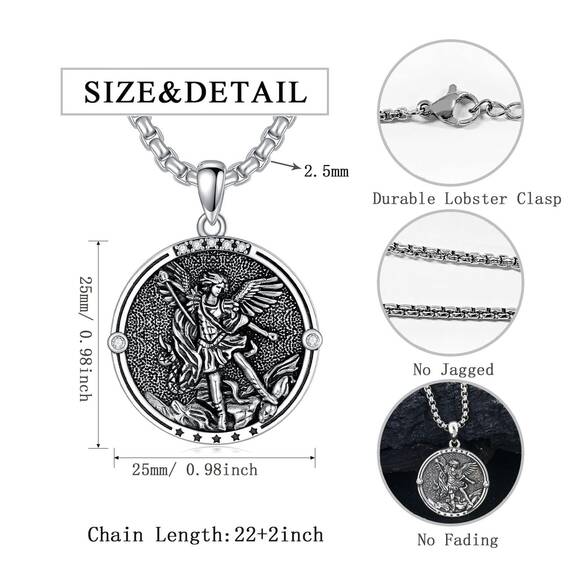 Shusukue Halskette mit Heiligem Michael, 925er Sterlingsilber, Anhänger mit Erzengel-Michael-Medaille, Amulett, Talisman des Heiligen Michael, Schild, Geschenk für Männer und Väter