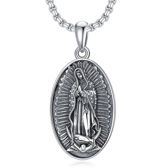 Shusukue Satin St Guadalupe Silberkette Herren 925 Schwarz Halsketten Vintage Religiöse Anhänger