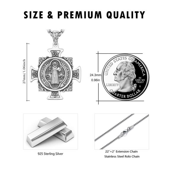 DOTBJ 925 Sterling Silber St Benedikt Kreuz Anhänger Kette mit Edelstahlkette 55,88cm + 5cm