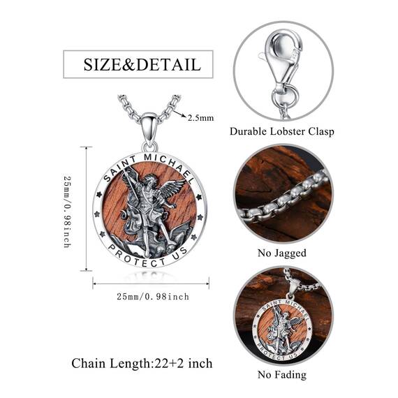Shusukue Holz St. Michael Kette Erzengel Saint Michael Amulett Schutzpatron Halskette 925 Sterling Silber, Medaillen Gebetsmünzen Anhänger Christlicher Religiöser Schmuck für Männer