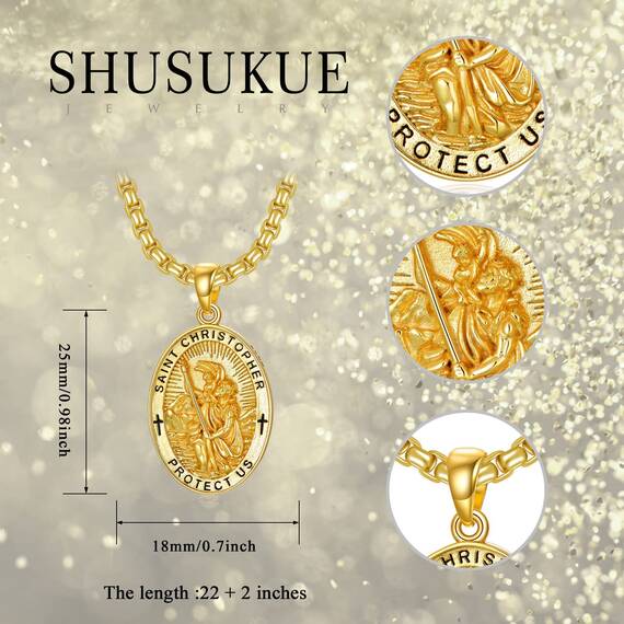 Shusukue St. Christoph Kette, Saint Christoph Amulett Schutzpatron Halskette 925 Sterling Silber, Medaillen Gebetsmünzen Anhänger Christlicher Religiöser Schmuck für Frauen Männer (Gold)