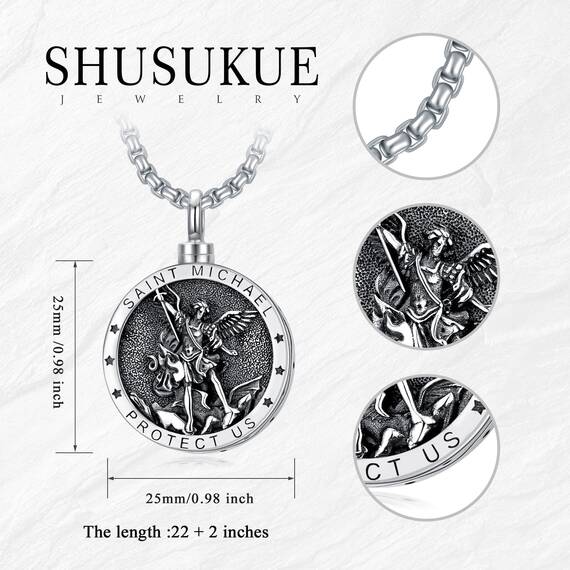 Shusukue Mensch Urnenketten für Asche Erzengel St. Michael Schutzpatron Urne Halskette Medaillon 925 Silber Schmuck