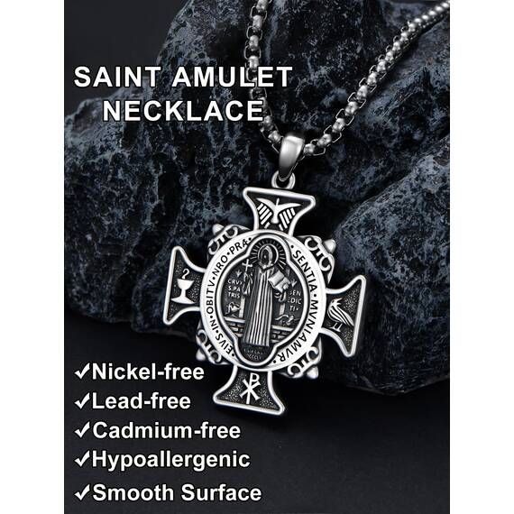 Shusukue St. Benedikt Medaille für Herren 925er Sterlingsilber Heiliger Benedikt-Kreuz-Anhänger San Benito-Medaillon Heiliger Benedikt Schutzschmuck religiöse Geschenke für Männer und Ehemänner