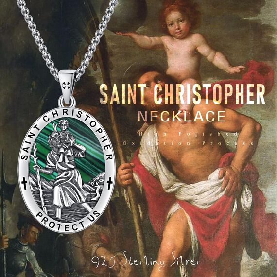 ZIPPICE Heiliger Christophorus Anhänger Silber 925 Saint Christopher Halskette St. Christopher Kette Amulett Halskette Schmuck Weihnachtsgeschenke für Herren Damen Frauen Männer (Malachit)