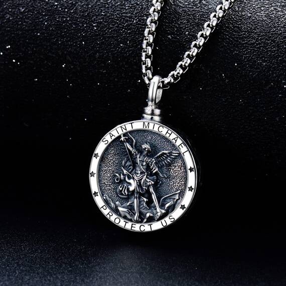 Shusukue Mensch Urnenketten für Asche Erzengel St. Michael Schutzpatron Urne Halskette Medaillon 925 Silber Schmuck