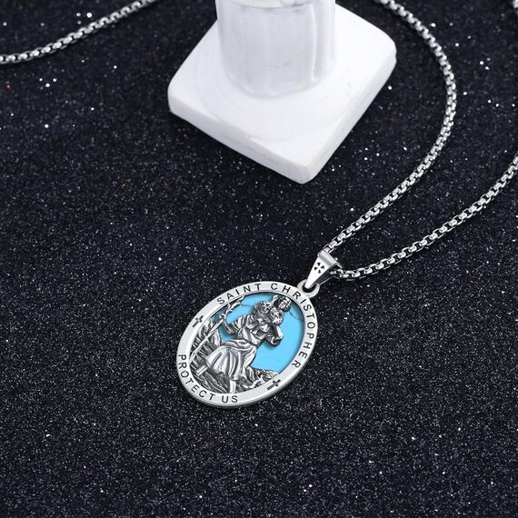ZIPPICE Heiliger Christophorus Anhänger Silber 925 Saint Christopher Halskette St. Christopher Kette Amulett Halskette Schmuck Weihnachtsgeschenke für Herren Damen Frauen Männer (Türkis)