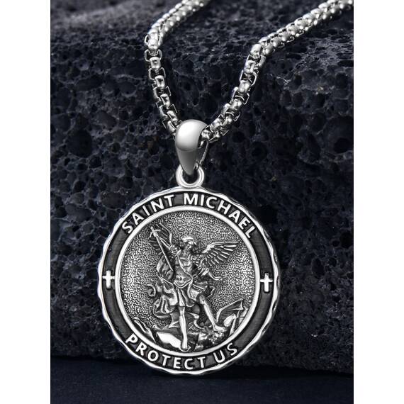 Shusukue St. Michael Kette 925 Sterling Silber Erzengel Michael Amulett Schutzpatron Halskette Medaillen Gebetsmünzen Anhänger Christlicher Religiöser Schmuck für Frauen Männer