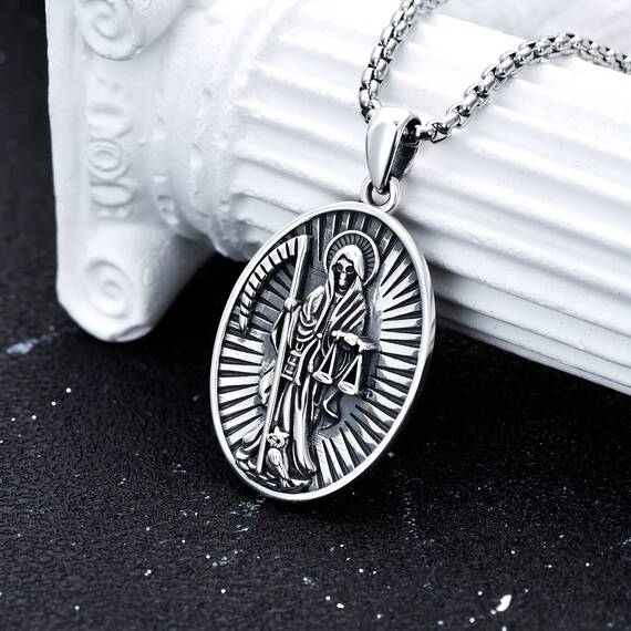 Shusukue St. Muerte Kette 925 Sterling Silber Erzengel Saint Muerte Amulett Schutzpatron Halskette Medaillen Gebetsmünzen Anhänger Schmuck für Männer