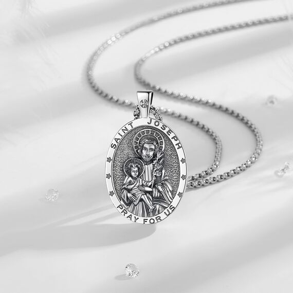 EUDORA Harmony Ball Heilige Joseph Kette Medaille für Damen Herren Sterling Silber 925, Heilige ST Joseph Halskette Anhänger Christlicher Schmuck Vatertag Geschenke für Vater Ehemann, 55CM + 61CM