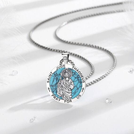 EUDORA Heiliger Judas Thaddäus mit Türkis Kette Medaille für Damen Herren Sterling Silber 925, Heiliger Judas Thaddäus Amulett Anhänger Christlicher Schmuck Geschenke für Frauen Männer, 22"