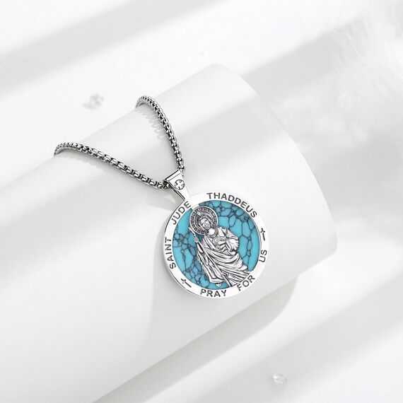 EUDORA Heiliger Judas Thaddäus mit Türkis Kette Medaille für Damen Herren Sterling Silber 925, Heiliger Judas Thaddäus Amulett Anhänger Christlicher Schmuck Geschenke für Frauen Männer, 22"