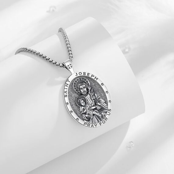EUDORA Harmony Ball Heilige Joseph Kette Medaille für Damen Herren Sterling Silber 925, Heilige ST Joseph Halskette Anhänger Christlicher Schmuck Vatertag Geschenke für Vater Ehemann, 55CM + 61CM