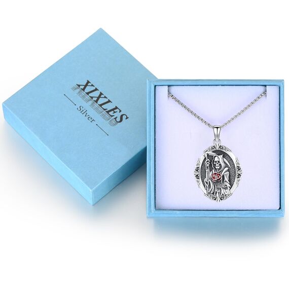 XIXLES Santa Muerte Halskette 925er Sterlingsilber Santa Muerte Anhänger Grim Reaper Kette Holy Death Medaillon Schutz Talisman Sensenmann Religiöse Schmuck für Herren