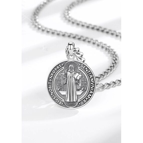 AEONSLOVE Heiliger Benedikt Halskette Silber 925 für Herren Damen Benedikt Kreuz Anhänger Benedikt Medaille Christliche Katholische Schmuck Religious Protector Talisman Kette