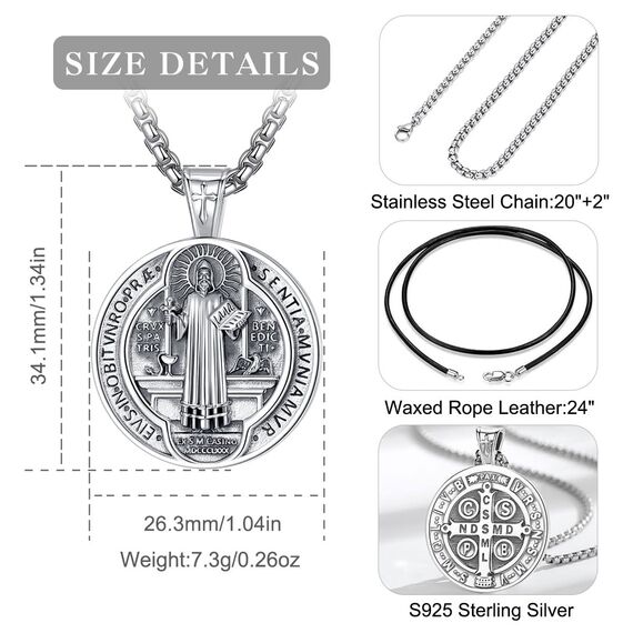 EUDORA Harmony Ball Kette Heiliger Benedikt Medaille für Damen Herren Sterling Silber S925, Hl. Benedikt Medaillon Halskette Anhänger Amulett Schmuck Religion Geschenk für Herren Frauen, 20"+24"