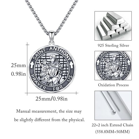 XIXLES St. Antonius Halskette 925 Sterling Silber St. Antonius Medaille Halskette Amulett Schutzschmuck Religiöse Geschenke,für Damen Herren,22"+2" Verlängerung