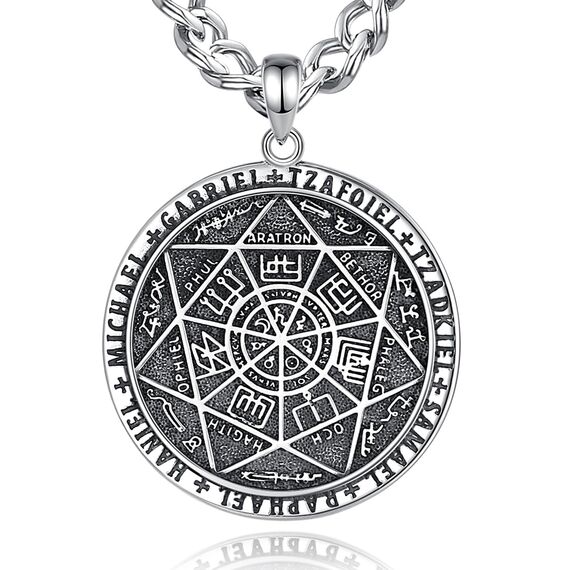 AEONSLOVE Siegel der Sieben Erzengel Halskette Silber 925 für Herren Damen 7 Erzengel Talisman Medaille Pentagramm Schutzamulett Religiöse Schmuck, 55,8 + 5cm Kette