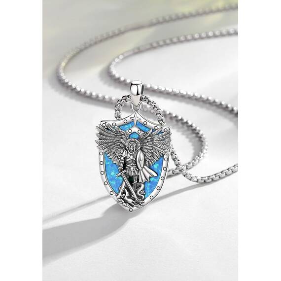 AEONSLOVE Erzengel Michael Halskette Silber 925 für Damen Herren Heiliger Michael Medaille Anhänger Opal Saint Michael Archangel Amulett Kette Katholische Schmuck Religiöse Geschenk
