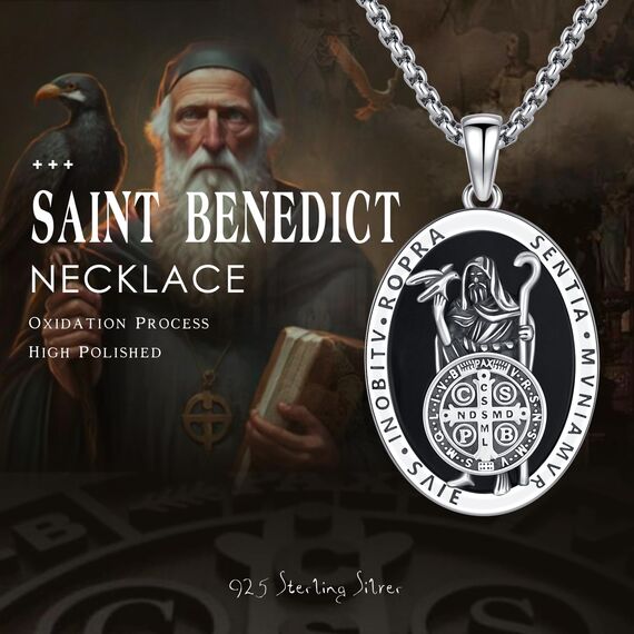 XIXLES St. Benedikt Medaillen Saint Benedict Halskette Sterling Silber Obsidian San Benito Medalla Anhänger Halsketten Schutz katholischen Schmuck religiöse Geschenke für Männer
