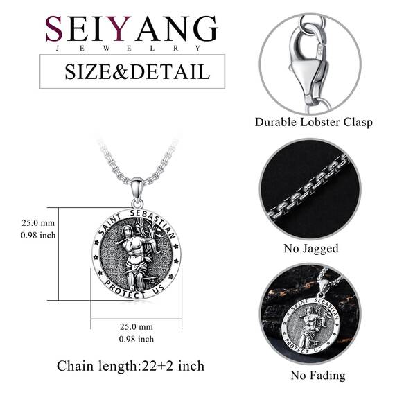 Shusukue 925 Silber Saint Sebastian Kette Religiöse Halskette mit Anhänger Amulett Schmuck