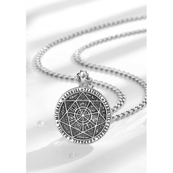 AEONSLOVE Siegel der Sieben Erzengel Halskette Silber 925 für Herren Damen 7 Erzengel Talisman Medaille Pentagramm Schutzamulett Religiöse Schmuck, 55,8 + 5cm Kette