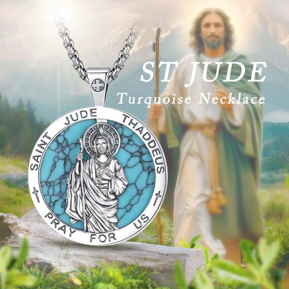 EUDORA Heiliger Judas Thaddäus mit Türkis Kette Medaille für Damen Herren Sterling Silber 925, Heiliger Judas Thaddäus Amulett Anhänger Christlicher Schmuck Geschenke für Frauen Männer, 22"