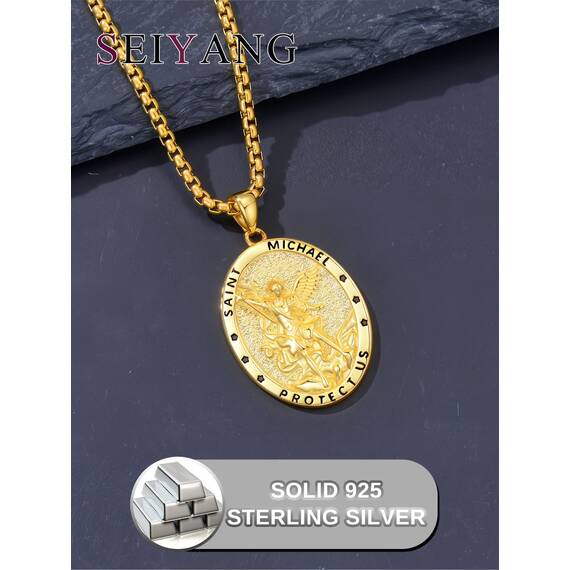 Shusukue Gold St. Michael Kette Sterling Silber Erzengel Saint Michael Amulett Schutzpatron Halskette Medaillen Gebetsmünzen Anhänger Christlicher Religiöser Schmuck für Frauen Männer