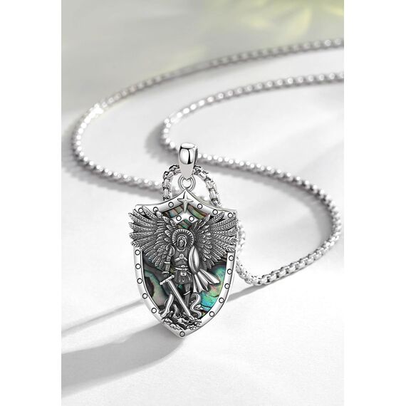 AEONSLOVE Erzengel Michael Anhänger Silber 925 für Damen Herren Heiliger Michael Medaille Kette Saint Michael Archangel Amulett Halskette Abalone-Muschel Katholische Schmuck Religiöse Geschenk