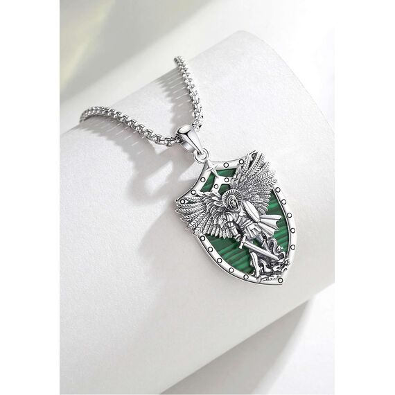 AEONSLOVE Erzengel Michael Kette Silber 925 für Damen Herren ST Michael Medaillon Anhänger Saint Michael Archangel Amulett Halskette Malachit Katholische Schmuck Religiöse Geschenk