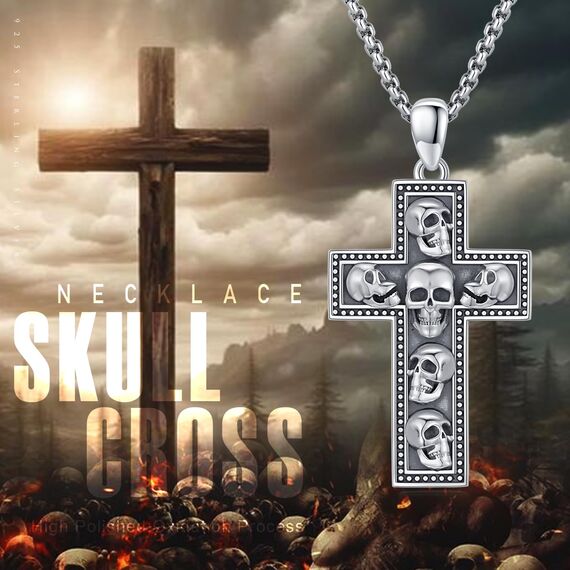 XIXLES Totenkopf Kreuz Kette 925er Sterlingsilber Skull Totenkopf Kreuz Halskette Gothic Skelett Anhänger Amulett Schmuck für Herren