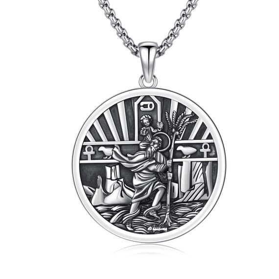 XIXLES St Christopherus Medaille für Männer Frauen Saint Christopherus Anhänger Halskette 925 Sterling Silber Rund Katholisches Amulett Beschütze uns Schmuck Geschenke,22+2 Zoll Verlängerung