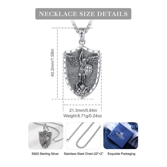 EUDORA Erzengel Michael Kette Medaille für Damen Herren Sterling Silber 925, Heilige Erzengel Michael Halskette Anhänger Christlicher Amulett Runen Christ Schmuck Geschenk für Frauen Männer,55CM