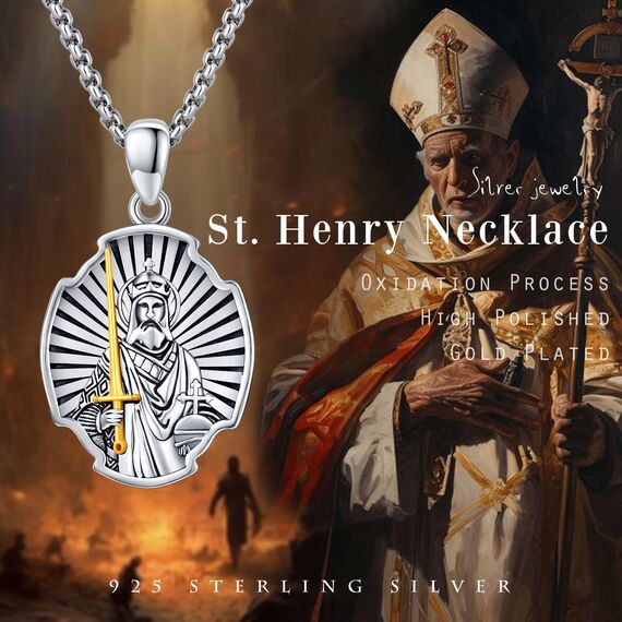 XIXLES St Henry Halsketten 925 Sterling Silber Saint Henry Anhänger Medaille Amulett Halskette St. Henry Schmuck Geschenk für Männer Frauen