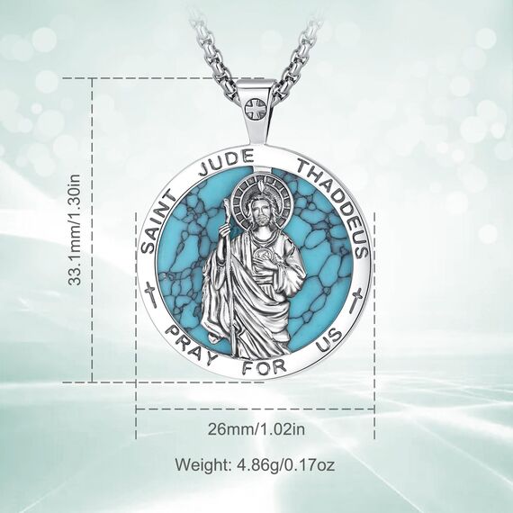 EUDORA Heiliger Judas Thaddäus mit Türkis Kette Medaille für Damen Herren Sterling Silber 925, Heiliger Judas Thaddäus Amulett Anhänger Christlicher Schmuck Geschenke für Frauen Männer, 22"